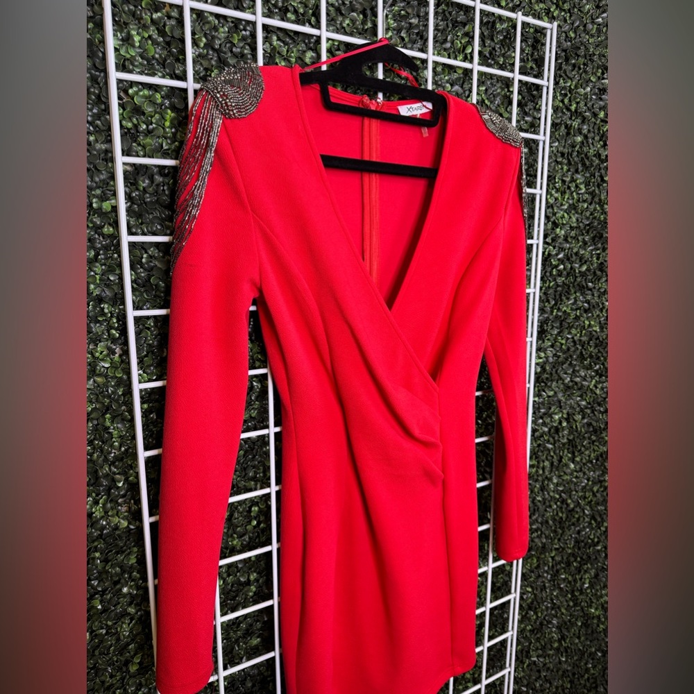 Xtaren Red Military Style Party Dress with Surplice Neck Line. Size Medium